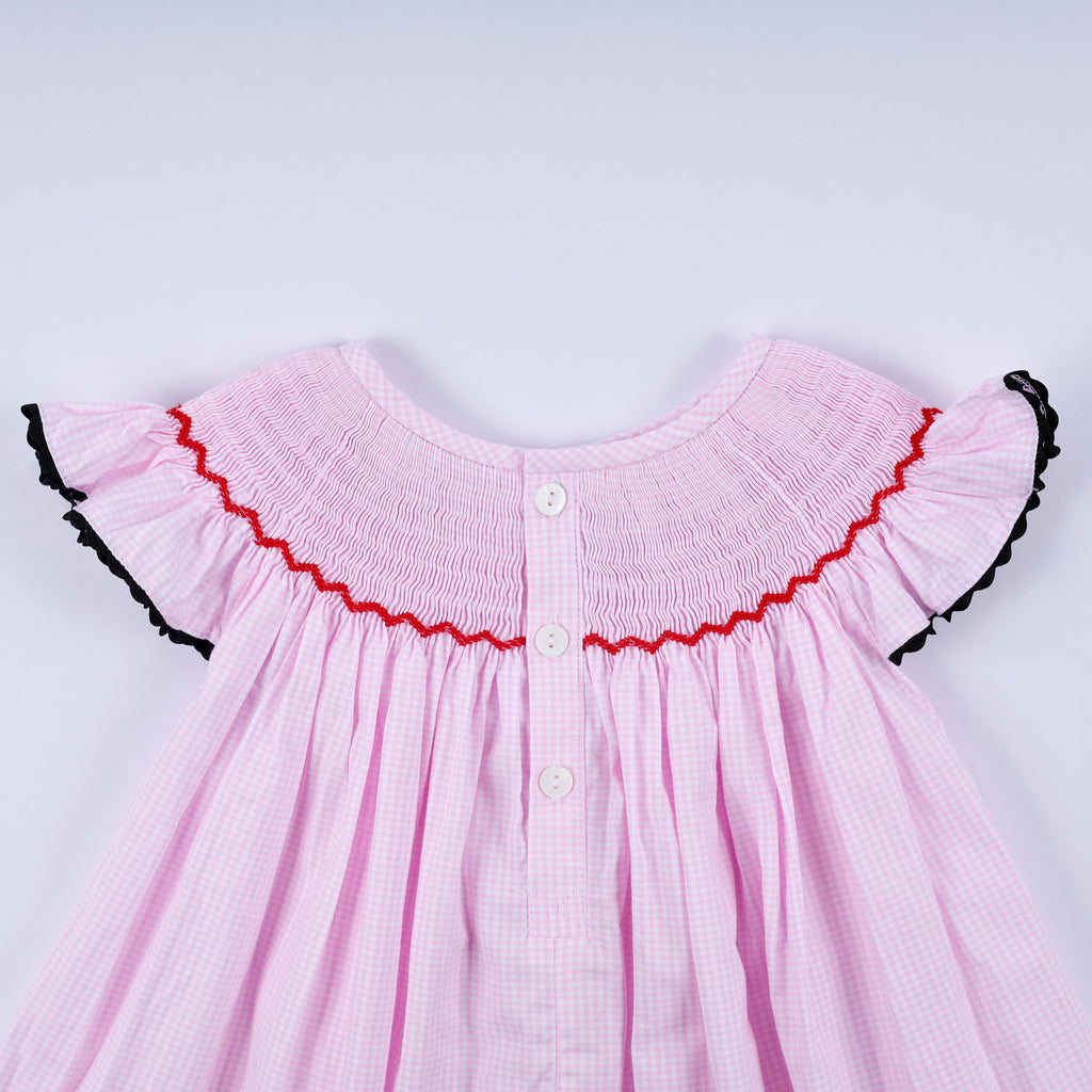 Red character hand smocked plaid ruffle dress